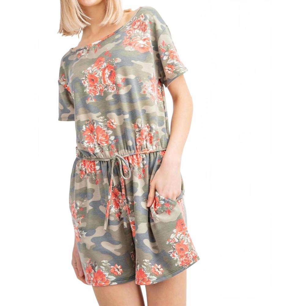 NEW 143 STORY camo floral print side pocket romper in multicolor